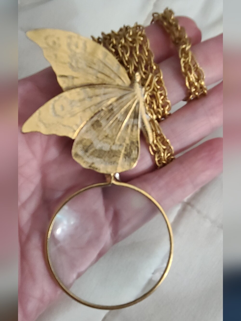 Vintage Accessocraft N.Y.C. Butterfly Magnifying Glass Necklace Gold Tone Estate